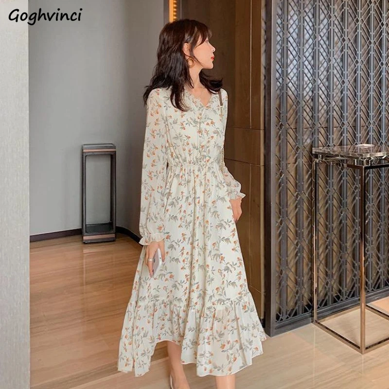 

Long Sleeve Dress Women Spring Ruffles Slim Empire V-neck Mid-Calf Dresses Elegant Floral Casual Chic Fashion Slim Streetwear
