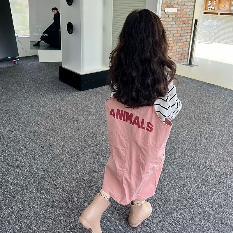 

Children Dress 2022 Spring Autumn New Korea Girl Letter Printed Sweet Casual Fashion Knee Length Suspenders Straight Kids Dress