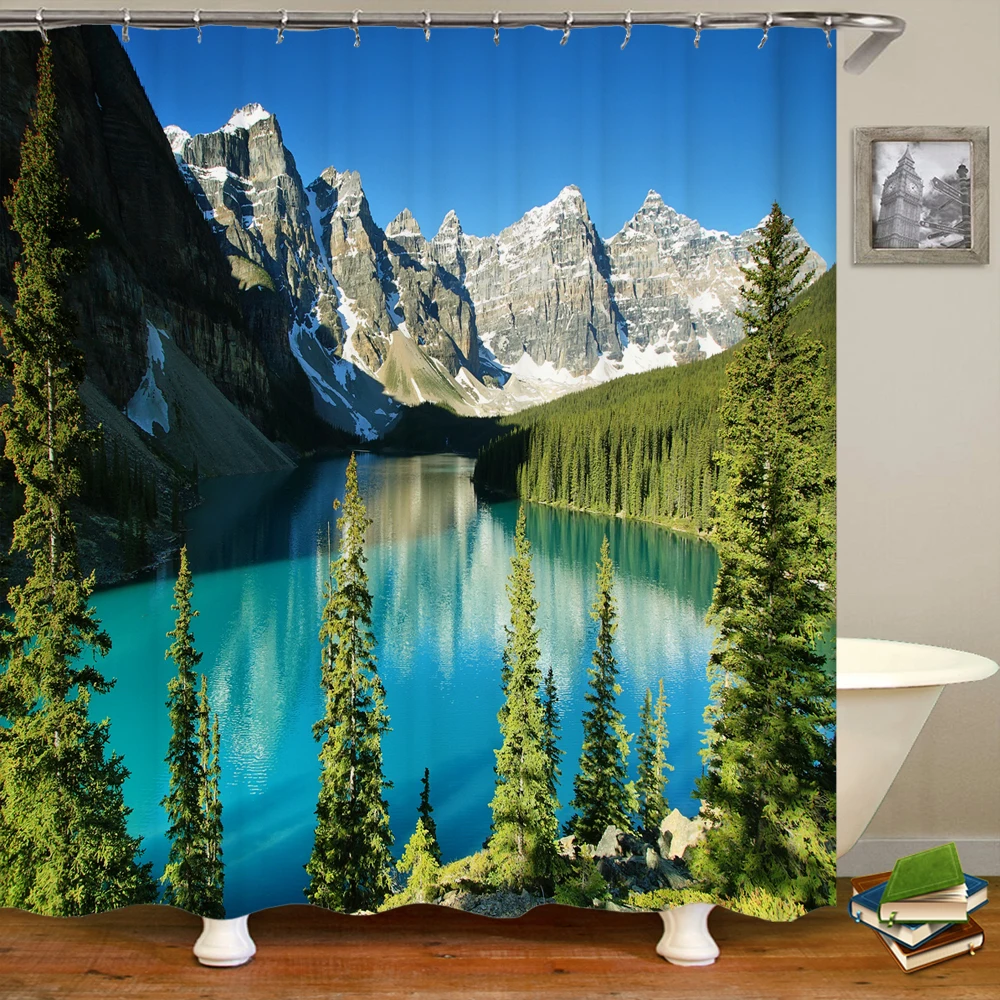 

Tropical Rainforest Scenery Shower Curtain Jungle Mountain Lake View Nature View Frabic Bathroom with Hooks Bath Curtains Decor