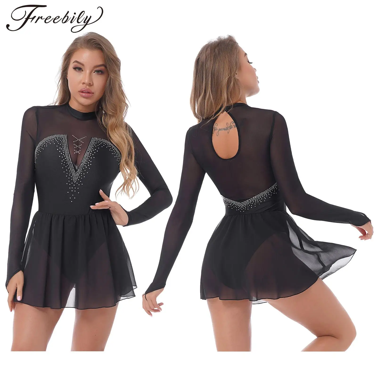 

Women Sheer Mesh Long Sleeve Figure Skating Dress Sparkly Rhinestone Keyhole Ballet Leotard Dress for Dance Stage Performance