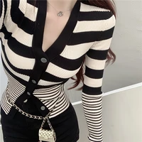 stripe cardigans for women spring autumn chic streetwear long sleeve slim knitting top lady casual sweater