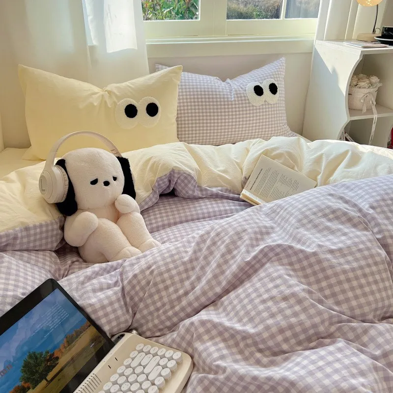 INS Solid Quilt Cover Washed Cotton Student Three-Piece Single Double E-Person Four-Piece Set Bed Sheet Bed...