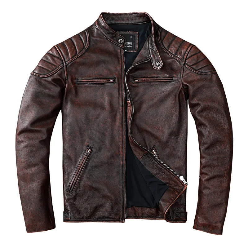 Vintage Distressed real Leather Moto Jackets Men Natural Calfskin Genuine Jacket Stand short Spring Autumn corium Coat