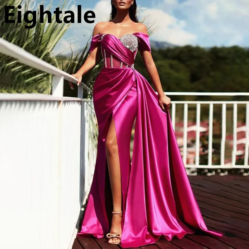 

Eightale Mermaid Evening Dress With Crystals Off Shoulder Sexy Side Slit Satin Fuchsia Arabic Formal Prom Gown vestidos de noche