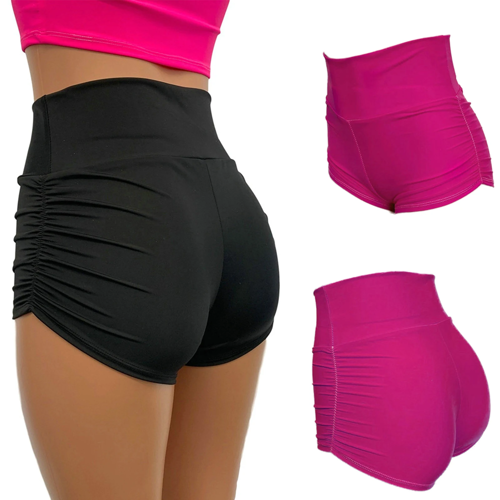

Women Summer Shorts High Waist Tight-Fitting Solid Color Pleated Shorts Casual Yoga Pants Patchwork Slim Fitness Pants