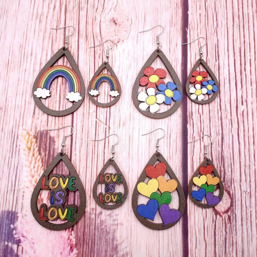 Красочные деревянные цветочные радужные каплевидные серьги для женщин летние с