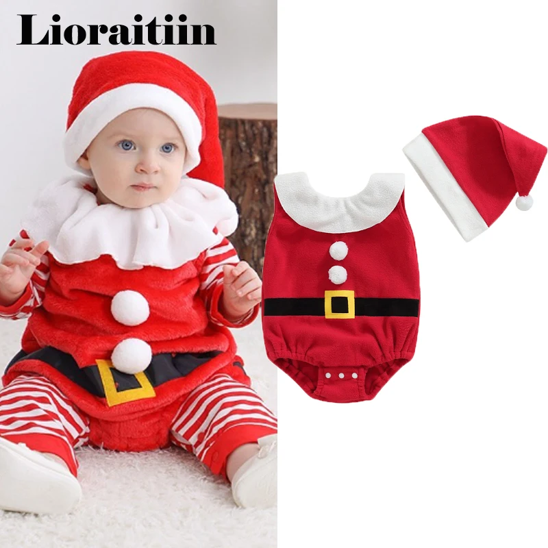 

2022-10-04 Lioraitiin 0-24M Toddler Baby Boy Girl Santa Bodysuit Sleeveless Ruffle Collar Pom Front Jumpsuit Christmas Hat Set