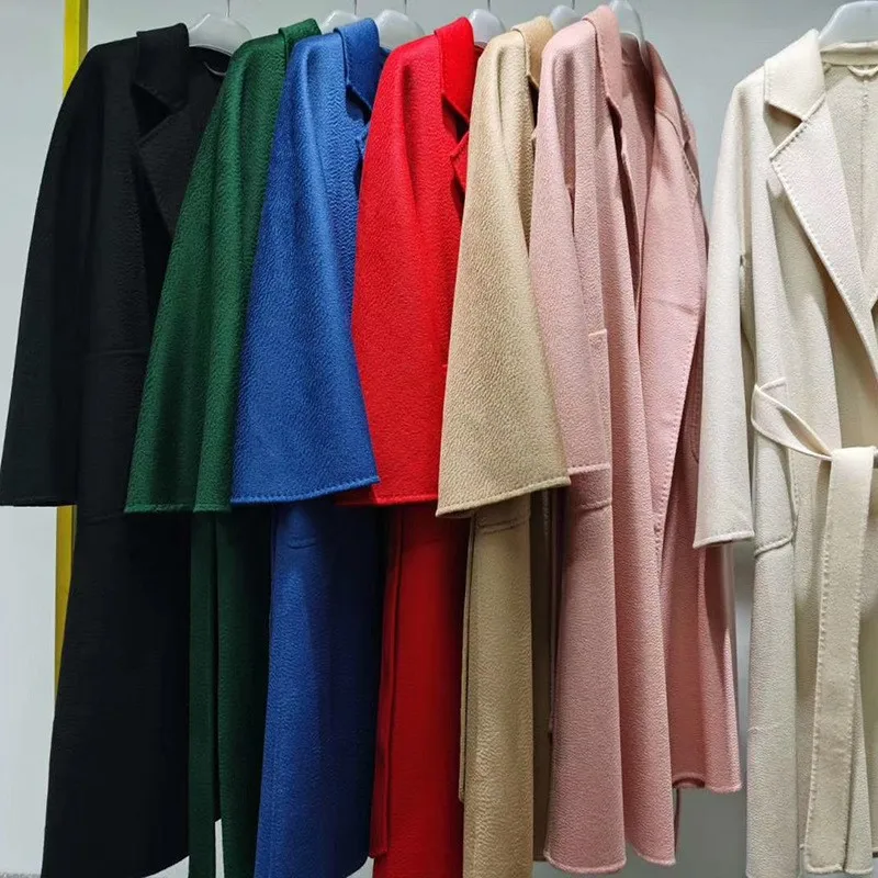 

mid length Double Face Wool Coat Women 2022 Autumn Winter Notched Collar Long Belt Overcoat Korean Style Vintage Woolen Coat