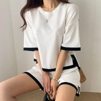 korean style women tracksuit knitted suit 2022summer casual loose short sleeve o neck pullover topsfashion shorts two piece set