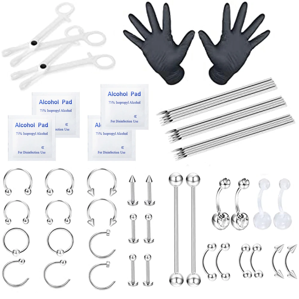 

51 Pcs Professional Piercing Kit Stainless Steel Belly Button Tongue Tragus Cartilage helix Daith Rook Nipple Eyebrow Nose Ring