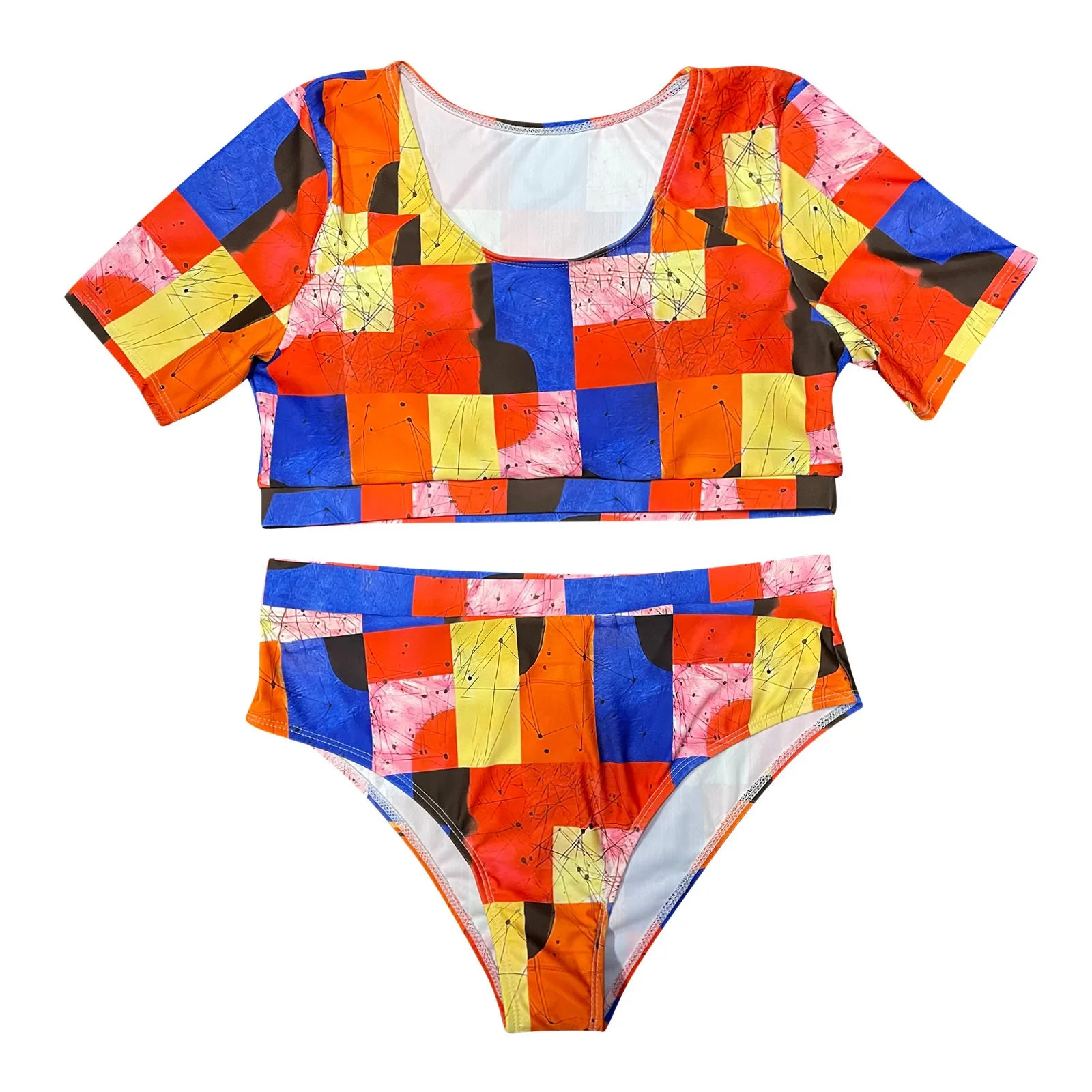 Цветочный принт спортивный купальник для женщин плюс размер короткий рукав