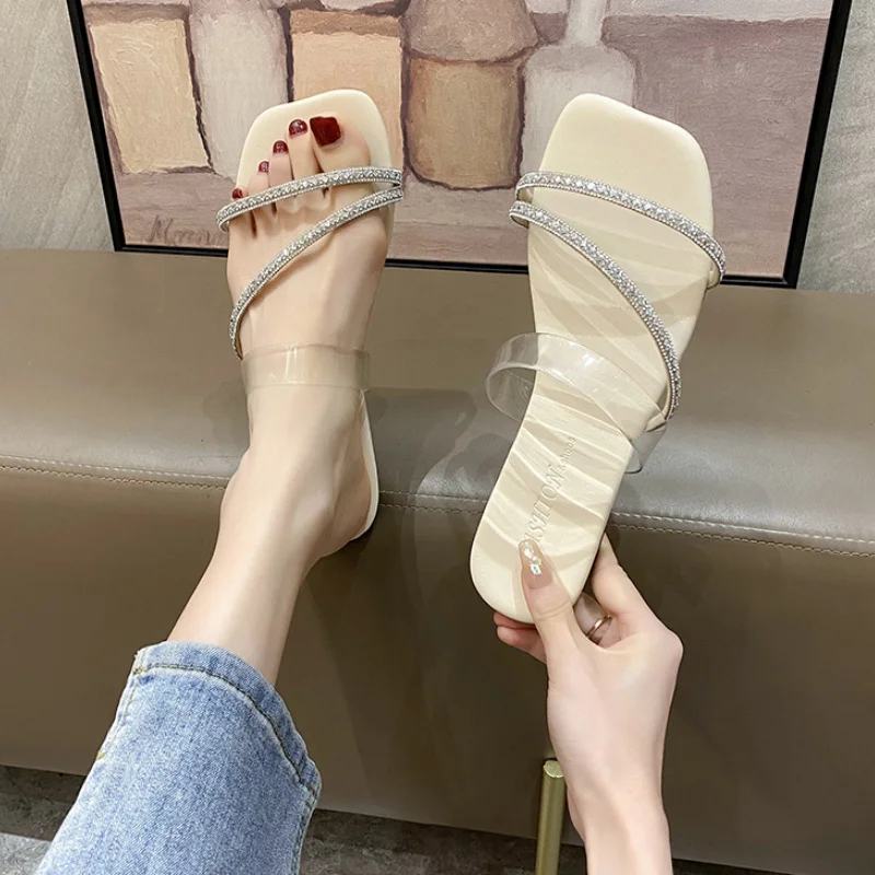 

Transparent Crystal Slippers Women Sandals 2022 New Summer Shoes Simple Style Clear Strappy Bling Flat Heel Women Shoes