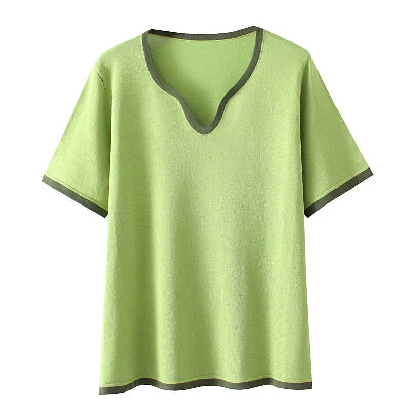 

Plus Size T-Shirt For Women Clothes Fashion Casual Ice Silk Knitted Tops Peach Collar Contrast Color Tee Summer 2022
