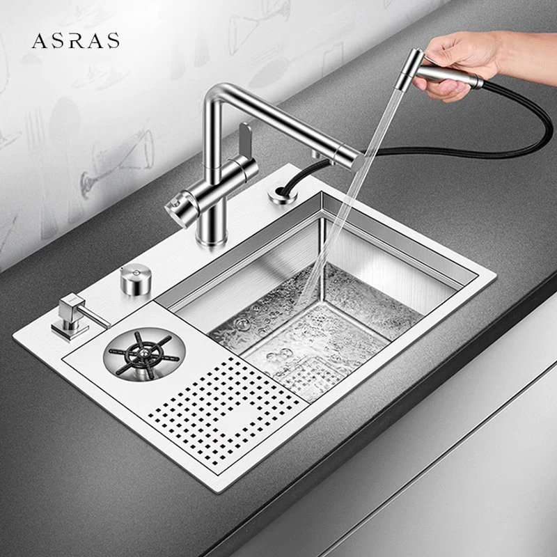 ASRAS New Cup Rinser kitchen Sink 304 Stainless Steel 4mm Thickness Handmade Brushed Sink High Pressure Cup Washer kitchen Sink