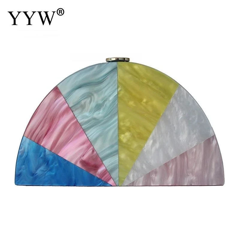 

Lady Acrylic One Shoulder Diagonal Bag Multicolored Stitching Contrast Color Bag Fashion Semicircle Wedding Dinner Clutch