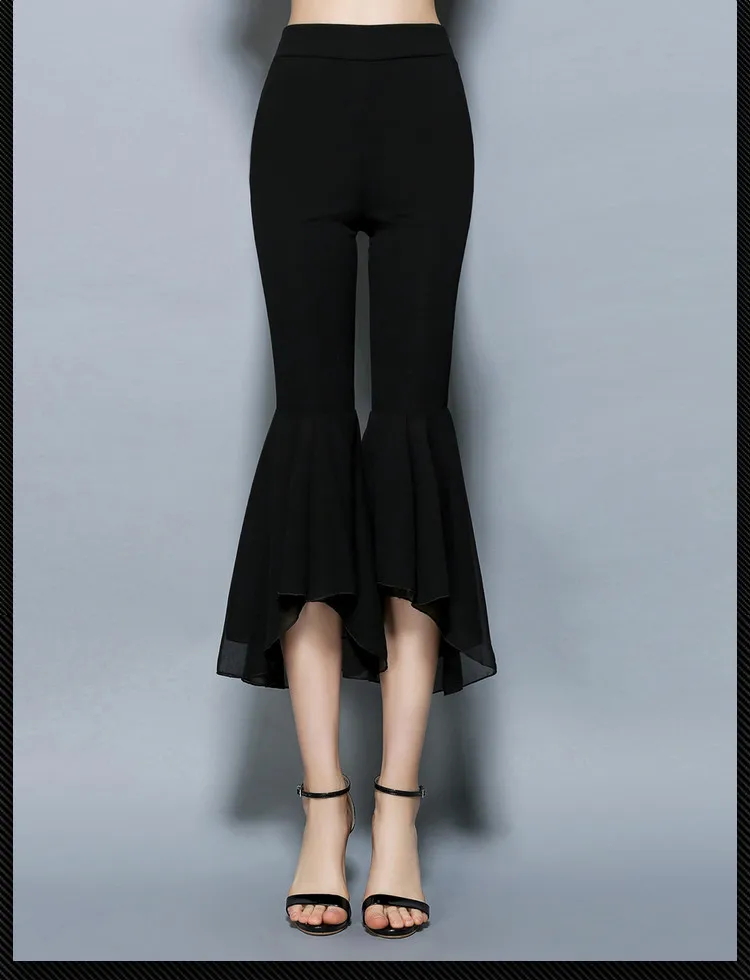 Chic Women's Elastic Chiffon Pants Patchwork Ruffled Flare Calf-length Black Chiffon Trousers