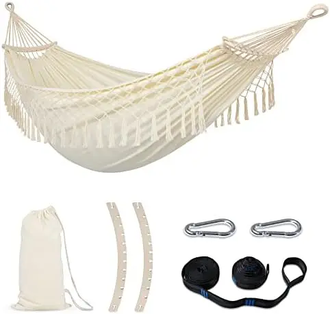 

Portable Camping Hammock with Carrying Bag, 450 lbs Capacity, Heavy Duty Double Hammock with Tassels, White