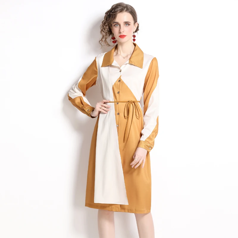 

2022 Women's Autumn New High-end Temperament Polo Collar Long Sleeve Single Breasted Stitching Fashion Lace Up Holiday Dress