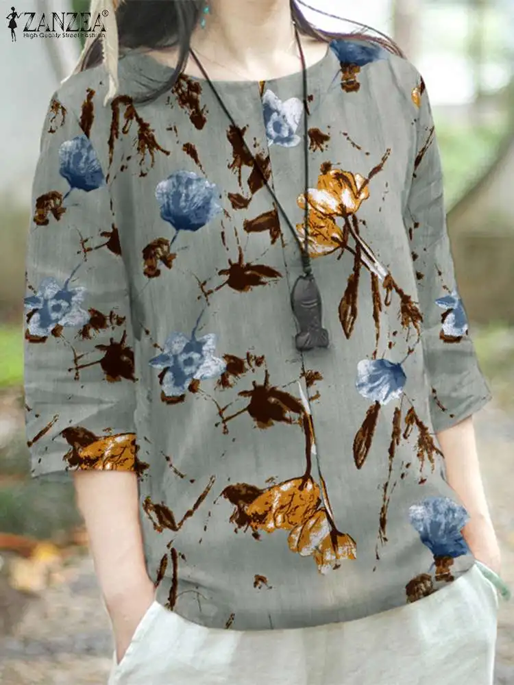 

Винтажная хлопковая льняная туника ZANZEA, женская блузка с цветочным принтом, осень 2023, рубашки с рукавом 3/4, повседневные свободные богемные топы с круглым вырезом