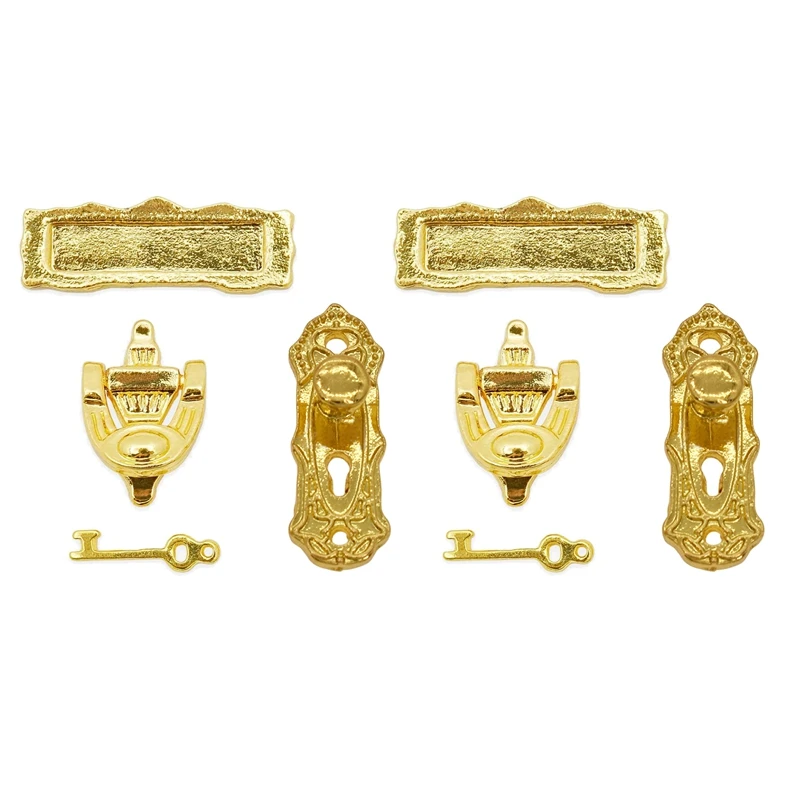 

2X 1:12 Miniature Gold Door Ring Lock Door Set Alloy Retro House Miniature Door Lock Doll House Furniture Accessories