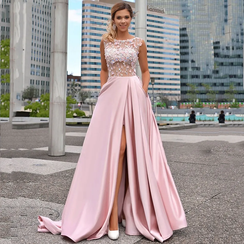 

2023 High Side Split A-Line Prom Gowns 3D Flower See Through Evening Dresses Sexy O Neck Sleeveless Satin Party Dress