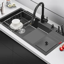 Black Nano Multifunctional Above Counter Ladder Trash Can Single Slot Kitchen 304 Stainless Steel Wash Basin Handmade Basin