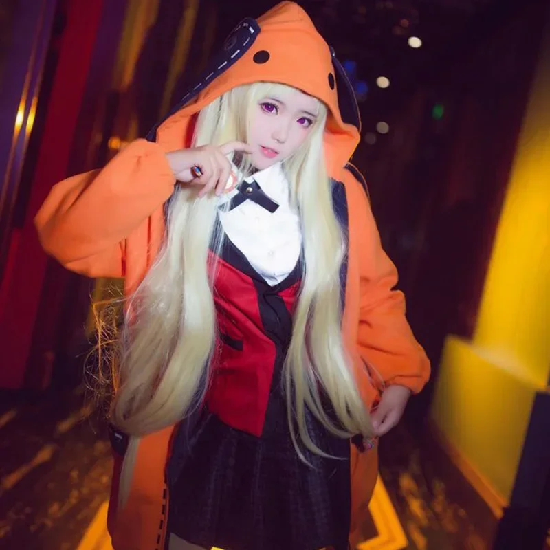 Фото Костюм для косплея Yomozuki Runa, аниме Kakegurui, парик для косплея и оранжевая куртка с капюшоном, школьная форма, костюм на Хэллоуин для женщин №1