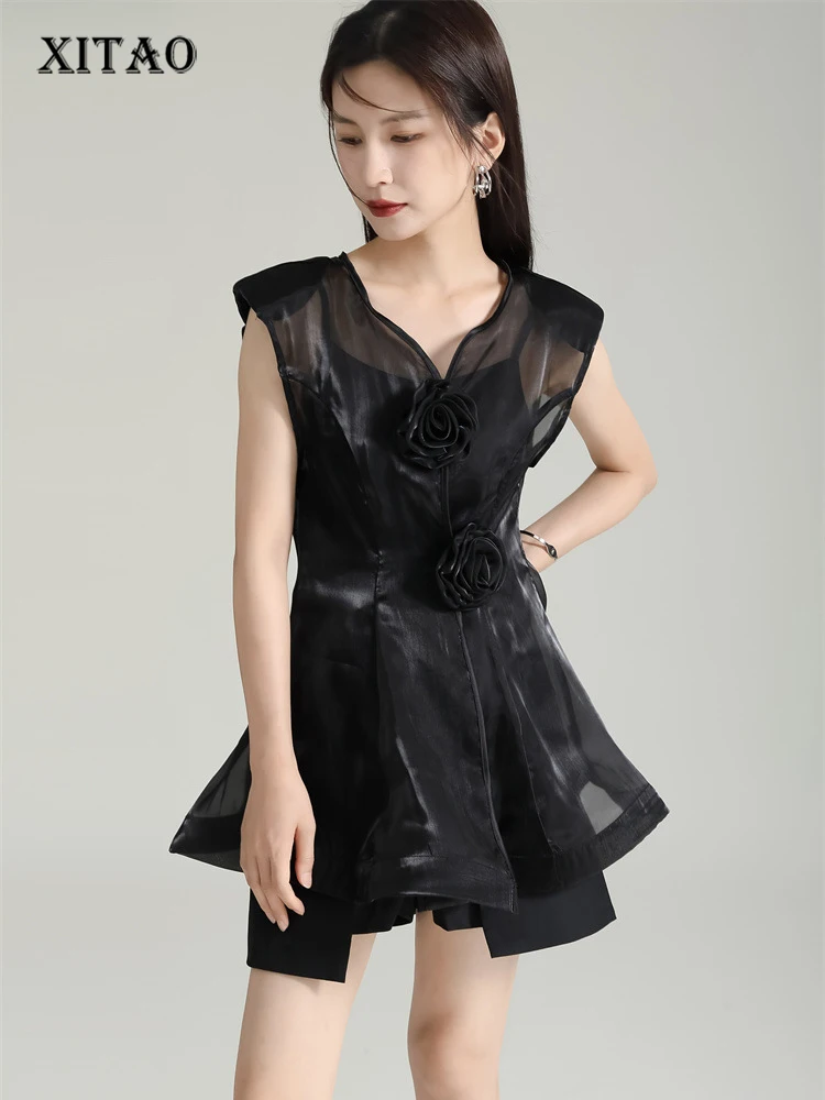 

XITAO тонкая рубашка из органзы, индивидуальная мода, стереоскопический дизайн, с розами, на пуговицах, женская летняя Однотонная рубашка, нов...