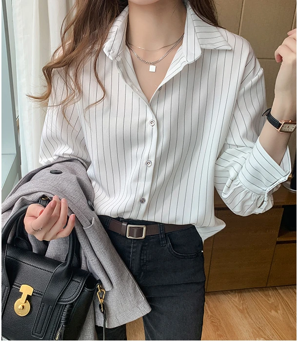 

Chiffon Stripes Women's Blouses Summer Fashion Shirt Casual New Korean Long Sleeve Tops Korean Style Female Clothing
