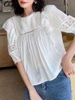 celmia lace stitching fashion blusas half sleeve 2022 summer hollow out o neck blouses holiday women pleats elegant tunic tops