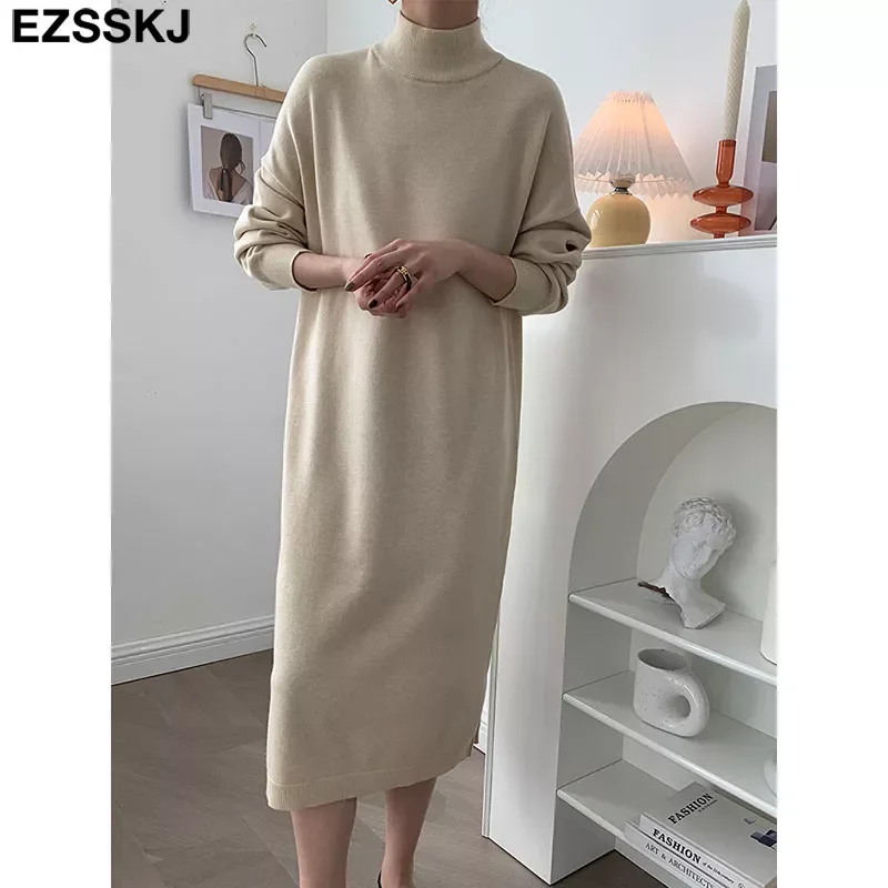 

2021 Autumn Winter oversize loose long thick Sweater Dress Women long Sleeve straight maix Dress female warm long knit dress