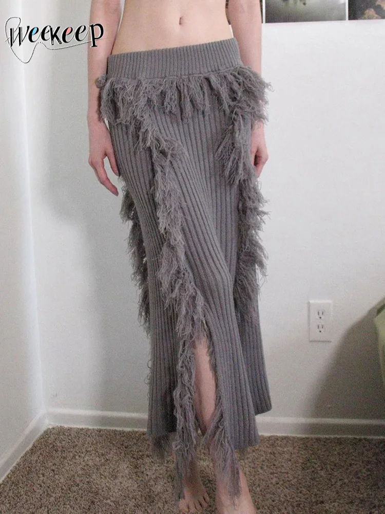 

Женская трикотажная юбка Weekeep, осенне-зимняя длинная юбка в стиле пэчворк с разрезом и низкой посадкой, 90s, винтажная одежда в стиле Харадзюку