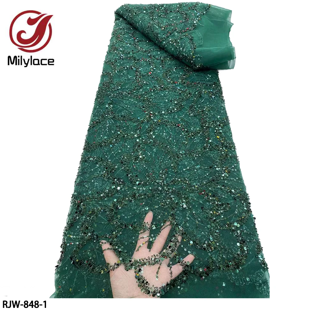

Luxury Handmade Beads Lace Fabric with Sequins Latest Nigeria Embroidery Lace Tulle Fabric for Wedding Dress Beaded RJW-848