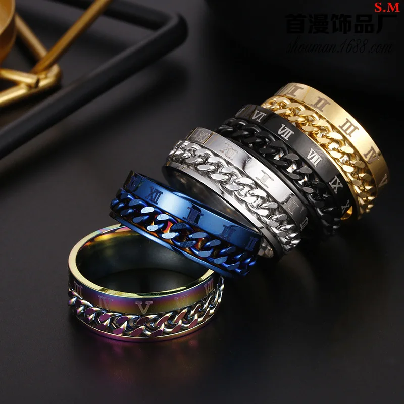 

European and American Personality Roman Numeral Titanium Steel Ring Rotatable Chain Decompression High-end Jewelry