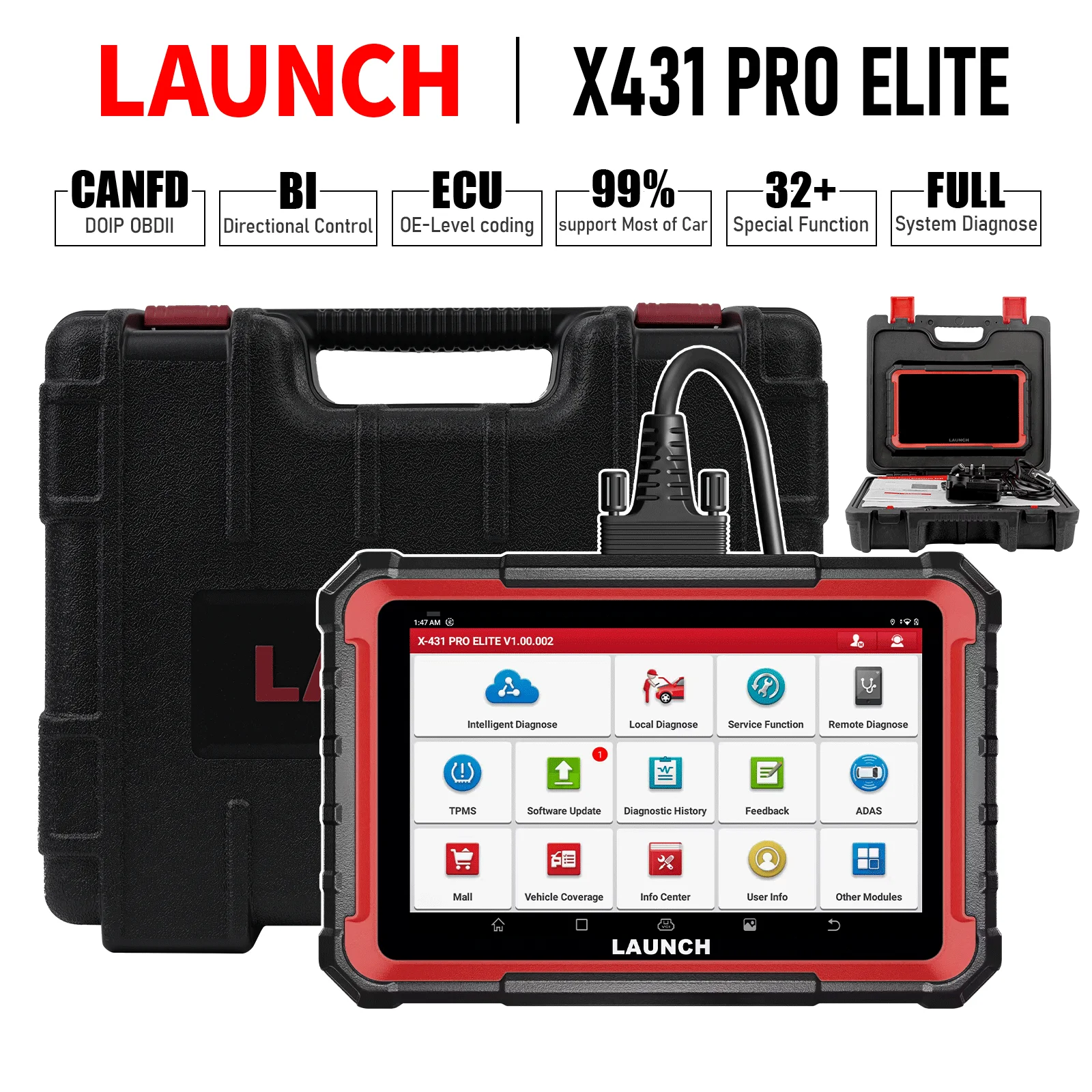 Фото Диагностический сканер LAUNCH X431 PRO ELITE для автомобилей: полная система, CANFD, DOIP, кодирование ЭБУ, двунаправленное управление, FCA SGW, 31+ функций сброса, OBD2 №1