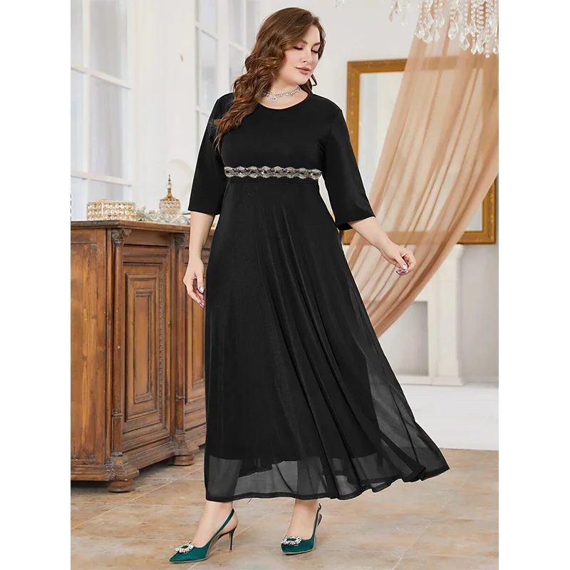 Plus Size Round Neck Stretch Royal Blue Chiffon Elegant Dress 5XL 6XL Summer Black Chiffon Loose Short Sleeve Plus Size Dresses
