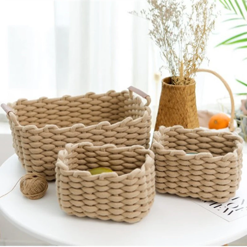 

Nordic Style Handmade Cotton Rope Woven Storage Basket Large and Small Snacks Desktop Grocery Basket Cosmetic Storage Box