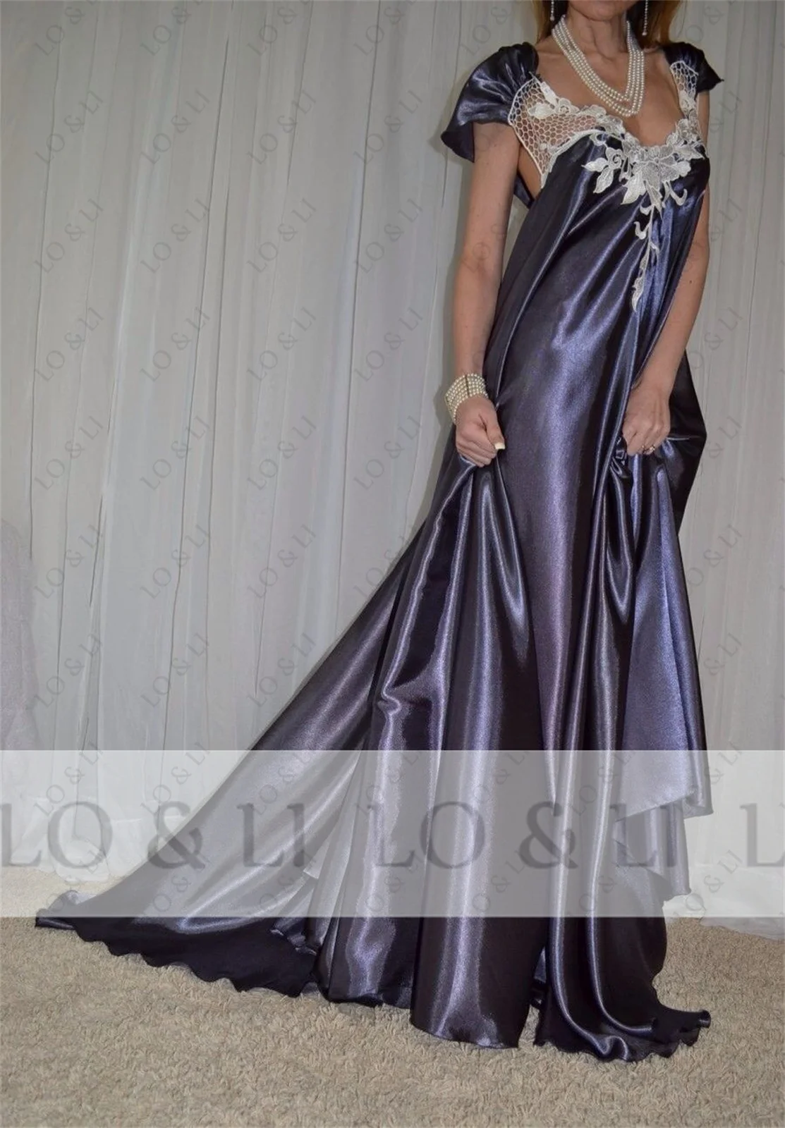 LO &amp LI винтажная пыльно-синяя атласная с аппликацией для церемоний женская