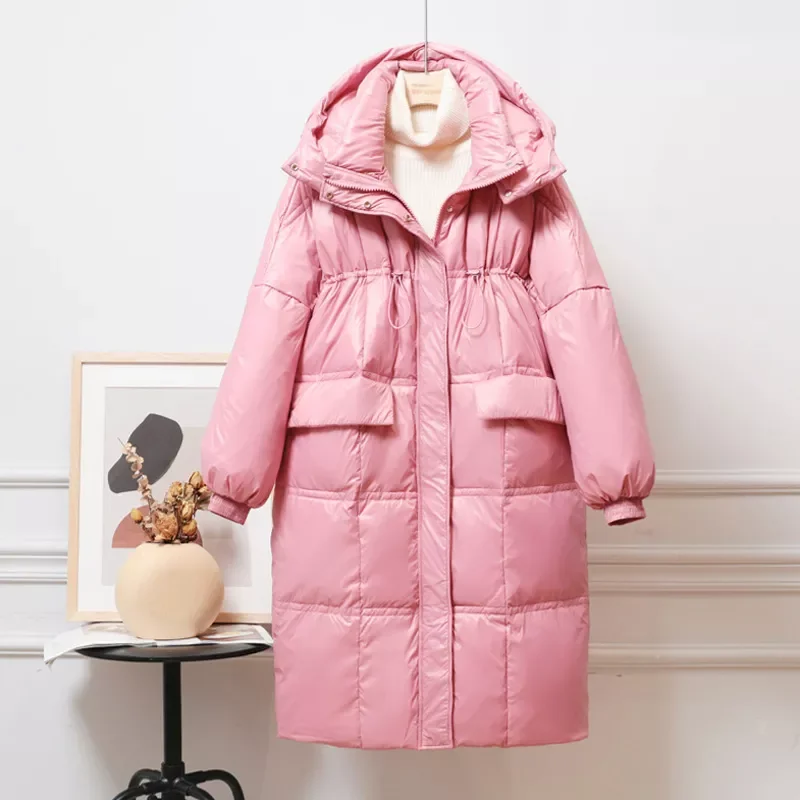 

2023New Winter 90% White Duck Down Jackets Thicken Women Long Loose Down Coats Hooded Warm Fashion Big Pockets Female Down Parka