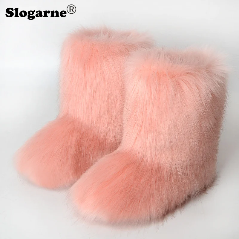 

Women's Snow Boots 2022 Winter Faux Fox Fur Boots Girls' Luxury Furry Fur Bottes Female Winter 3CM Flats Sole Warm Fluffy Shoes