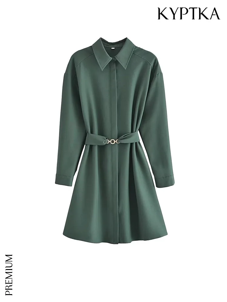 

KYPTKA Women Fashion With Belt Front Button Mini Shirt Dress Vintage Lapel Collar Long Sleeve Female Dresses Vestidos Mujer