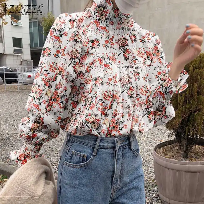 

ZANZEA Oversized Blusas Femininas Women Floral Printed Female Chemise 2022 Casual Puff Sleeve Top Tunic Turtleneck Blouse Shirts