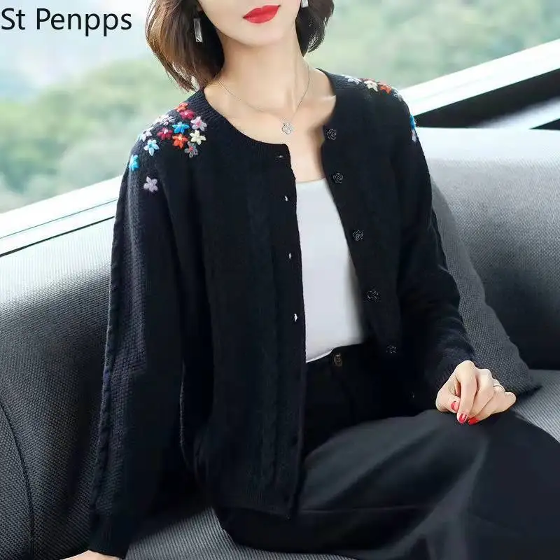 Осенний свитер с вышивкой кардиганы Женский однотонный Повседневный круглым