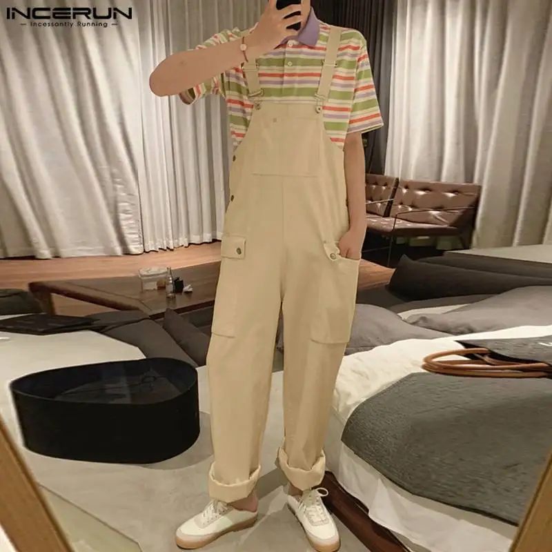 

INCERUN 2023 Men Jumpsuits Solid Color Sleeveless Loose Suspender Rompers Multi Pockets Streetwear Casual Strap Overalls S-5XL