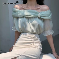 2022 spring summer fairy princess design girls women puff sleeve chiffon shirts lace mesh transparent korean off shoulder tops