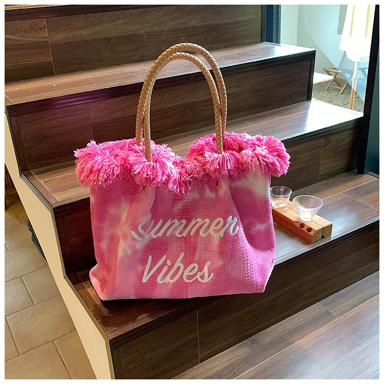 Handbag Woman Bag Design Tie Dye Color Travel Beach Tote Bag Tassel Letter Embroidery Fashion Large Capacity Shoulder Bags 2023