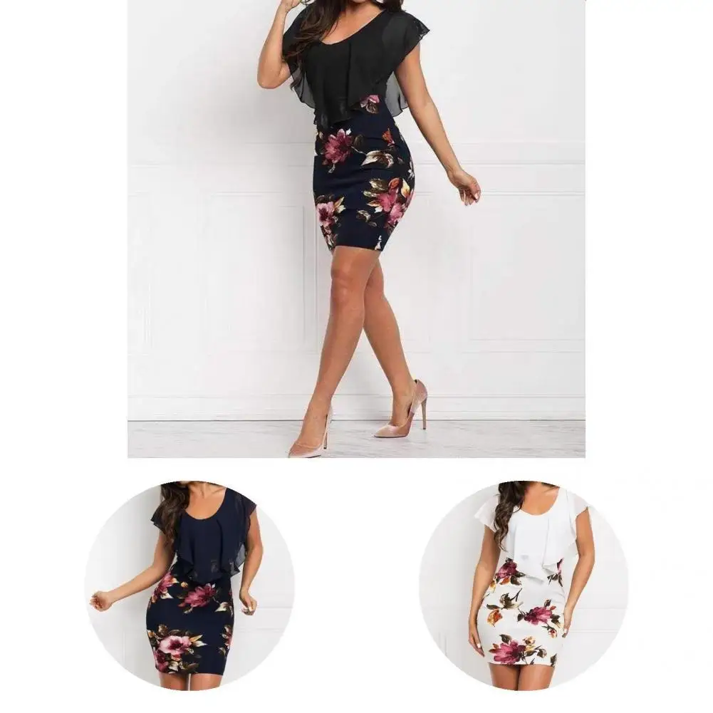 

Summer Sheath Dress Tight Waist Ruffle Round Necks Soft Sheath Dress Lady Dress for Banquet