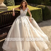 herburnl satin tulle wedding dresses 2022 princess v neck ball gown simple customized lace apliques vestido robe de mari%c3%a9e