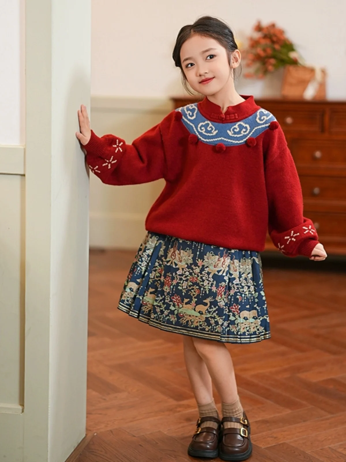 Платье на китайский новый год длинная юбка с эластичным поясом для девочек