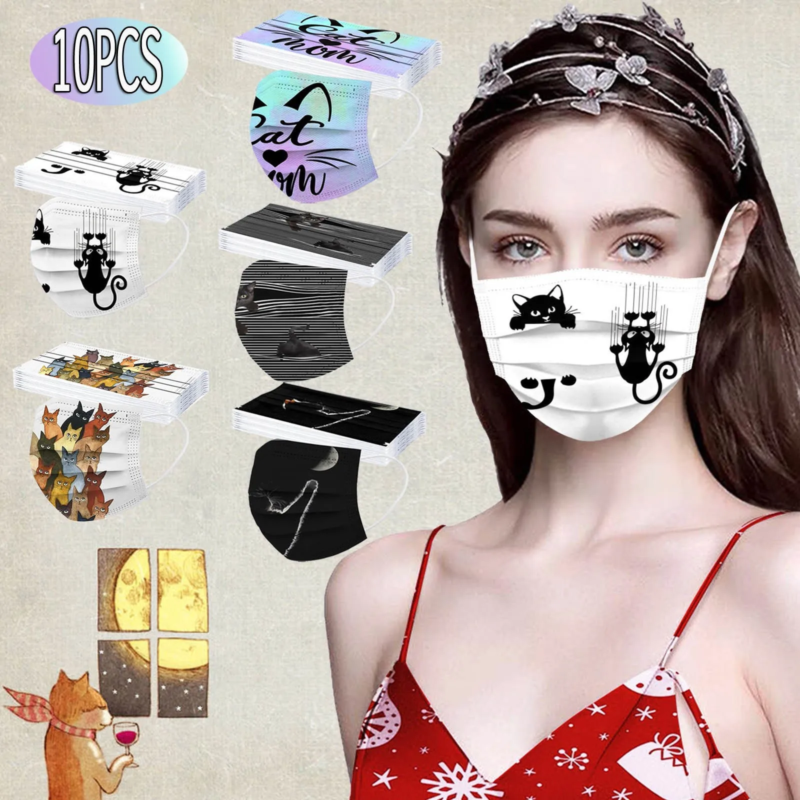 

10PCS Women Man Cat Print Disposable Face Mask 3Ply Ear Loop Anti-PM2.5 Mask cubre bocas mascara facial cubrebocas